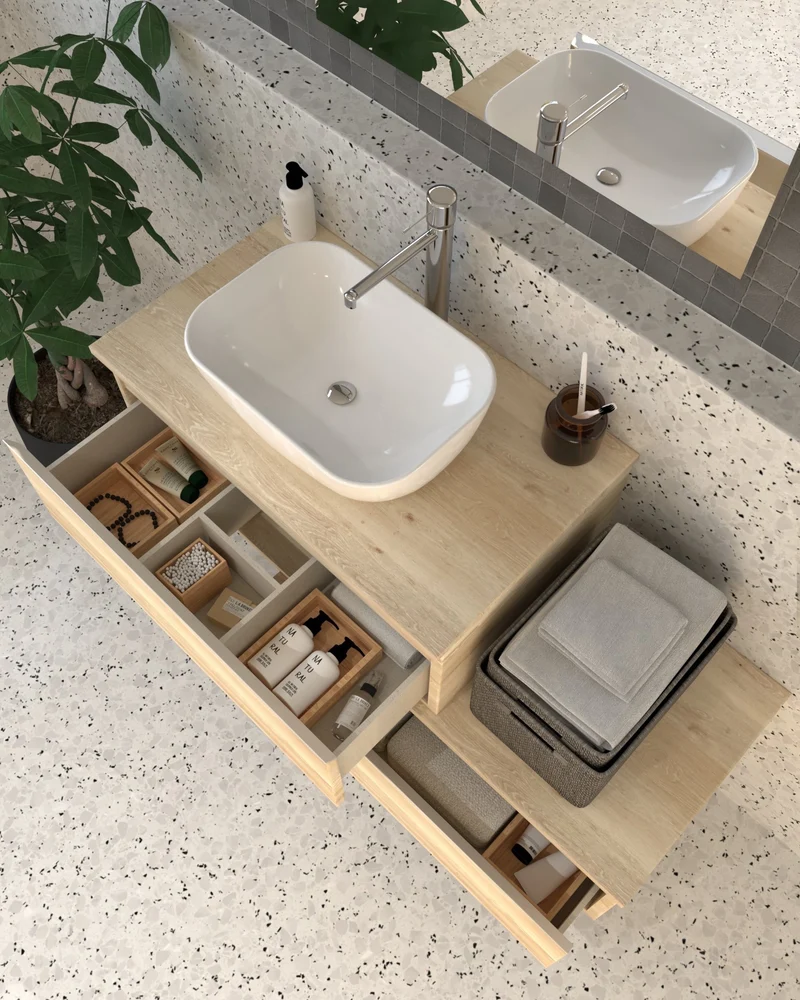 Meuble de salle de bain 120cm avec vasque à poser arrondie - 2 tiroirs - sans miroir - PENA