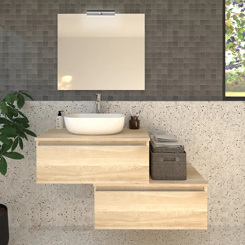 Meuble de salle de bain 120cm avec vasque à poser arrondie - 2 tiroirs et miroir avec applique - PENA