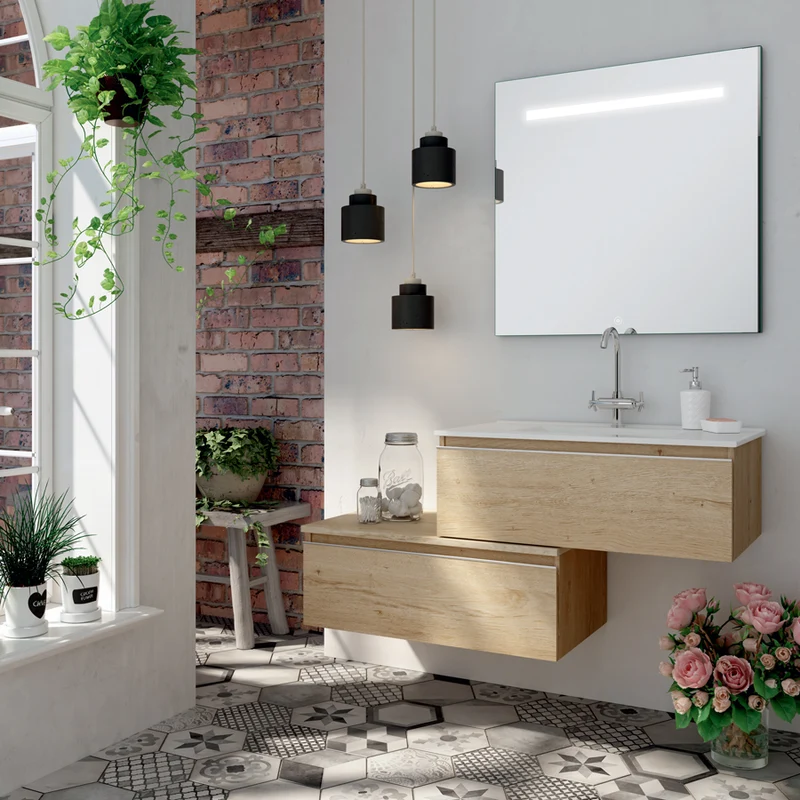 Meuble de salle de bain 120cm simple vasque - 2 tiroirs - PENA et miroir Led STAM