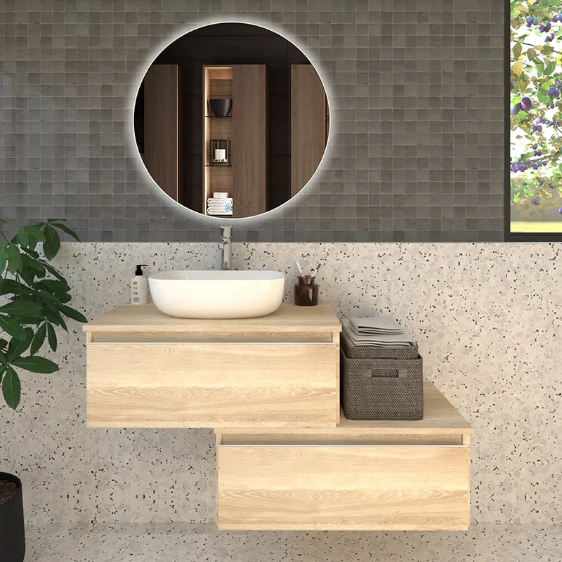 Meuble de salle de bain 120cm avec vasque à poser arrondie - 2 tiroirs - PENA et miroir Led SOLEN