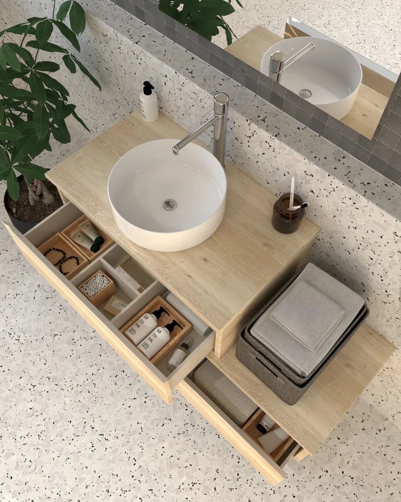 Meuble de salle de bain 120cm avec vasque à poser ronde - 2 tiroirs - PENA et miroir Led SOLEN