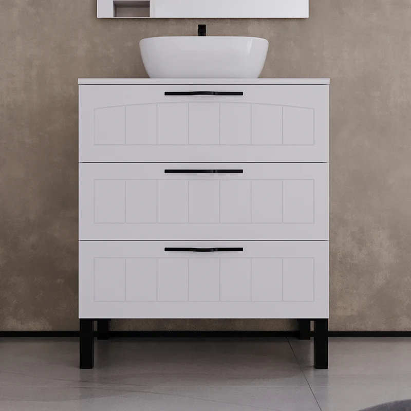 Meuble de salle de bain 60cm avec plateau et vasque à poser ovale - sans miroir - 3 tiroirs - CALA