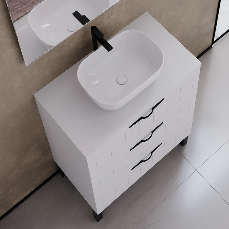 Meuble de salle de bain 60cm avec plateau et vasque à poser ovale - 3 tiroirs - CALA