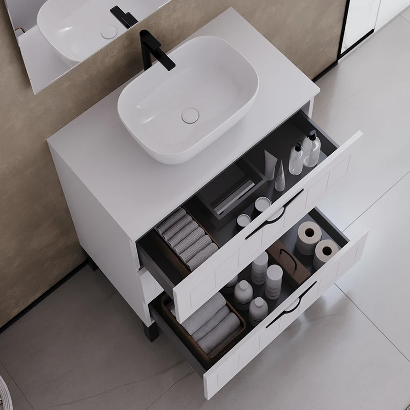 Meuble de salle de bain 60cm avec plateau et vasque à poser ovale - 3 tiroirs - CALA