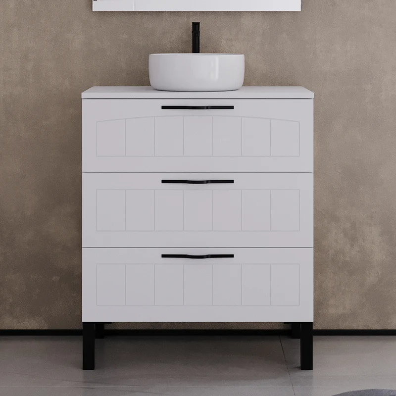 Meuble de salle de bain 60cm avec plateau et vasque à poser ronde - sans miroir - 3 tiroirs - CALA