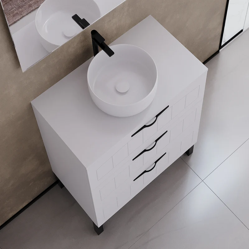 Meuble de salle de bain 60cm avec plateau et vasque à poser ronde - sans miroir - 3 tiroirs - CALA