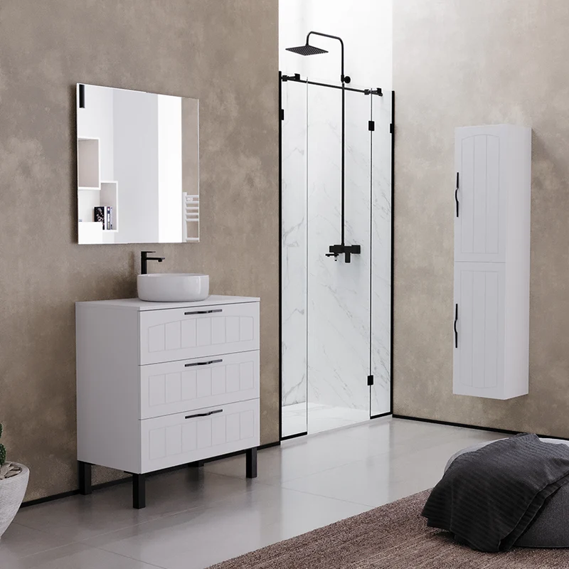 Meuble de salle de bain 60cm avec plateau et vasque à poser ronde - sans miroir - 3 tiroirs - CALA