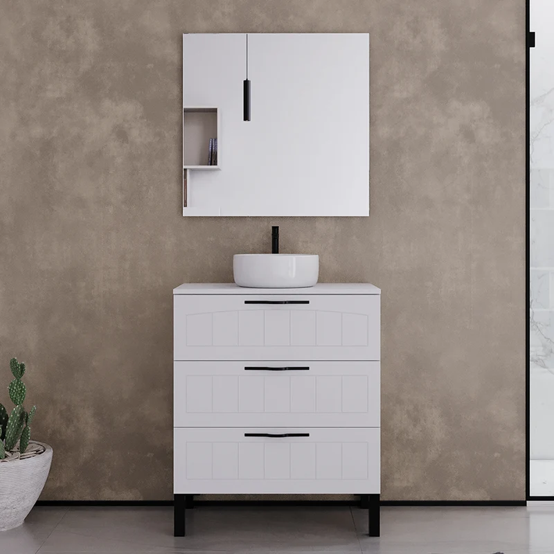 Meuble de salle de bain 60cm avec plateau et vasque à poser ronde - 3 tiroirs - CALA