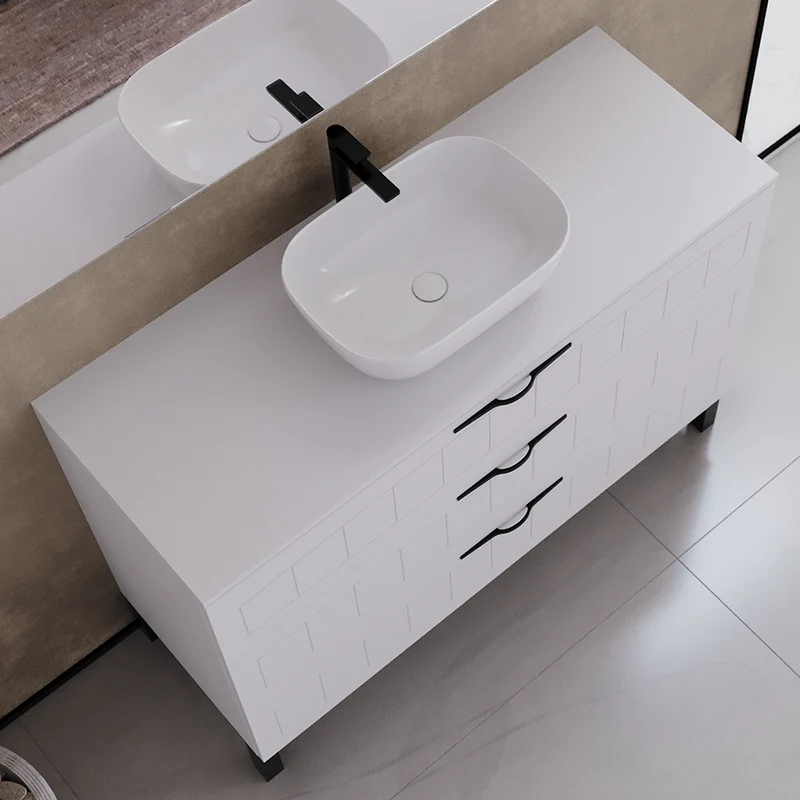 Meuble de salle de bain 120cm avec plateau et vasque à poser ovale - sans miroir - 3 tiroirs - CALA