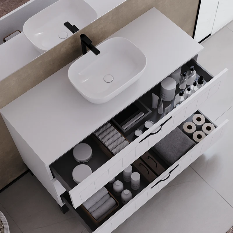 Meuble de salle de bain 120cm avec plateau et vasque à poser ovale - sans miroir - 3 tiroirs - CALA