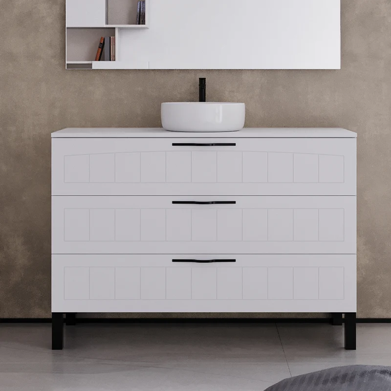 Meuble de salle de bain 120cm avec plateau et vasque à poser ronde - sans miroir - 3 tiroirs - CALA