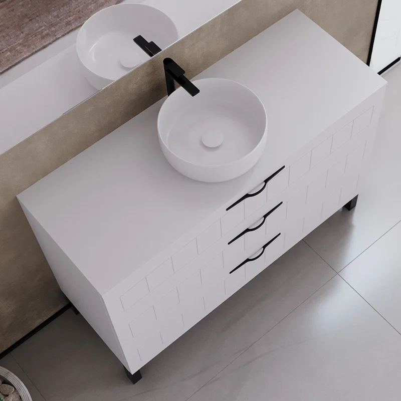 Meuble de salle de bain 120cm avec plateau et vasque à poser ronde - 3 tiroirs - CALA