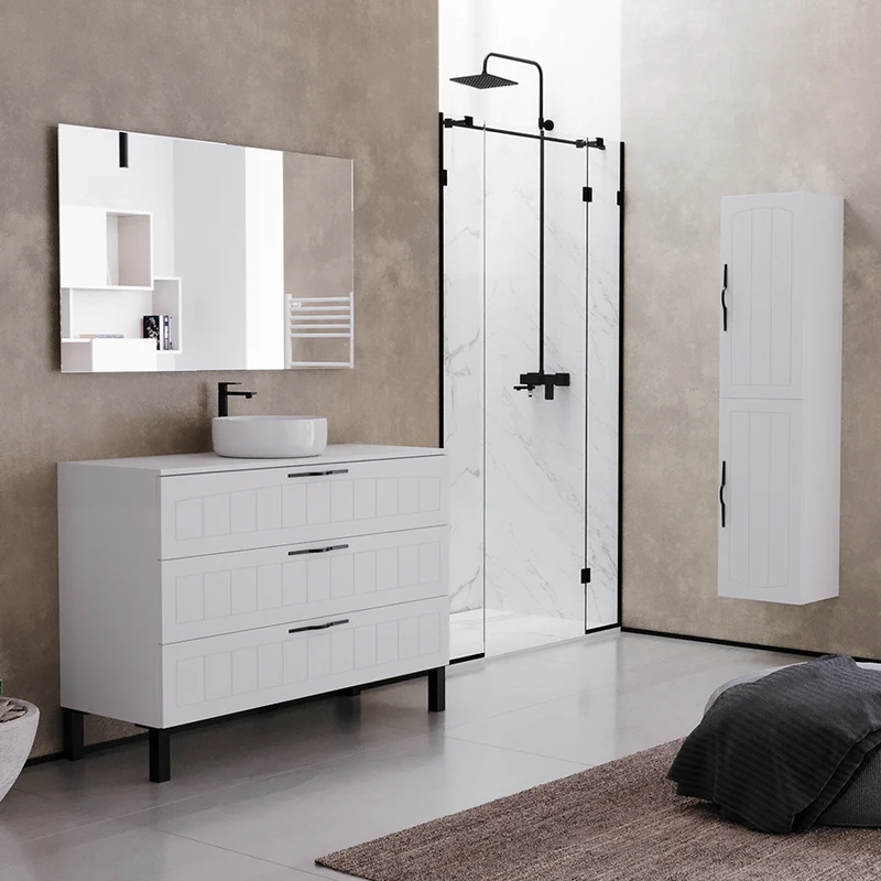 Meuble de salle de bain 120cm avec plateau et vasque à poser ronde - 3 tiroirs - CALA