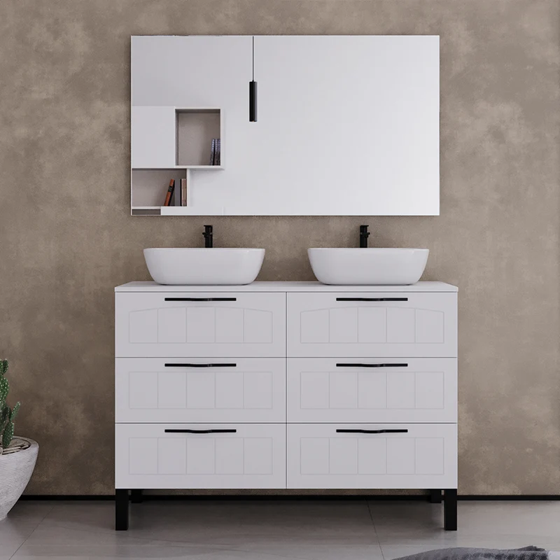 Meuble de salle de bain 120cm avec plateau et deux vasques à poser ovales - 6 tiroirs - CALA