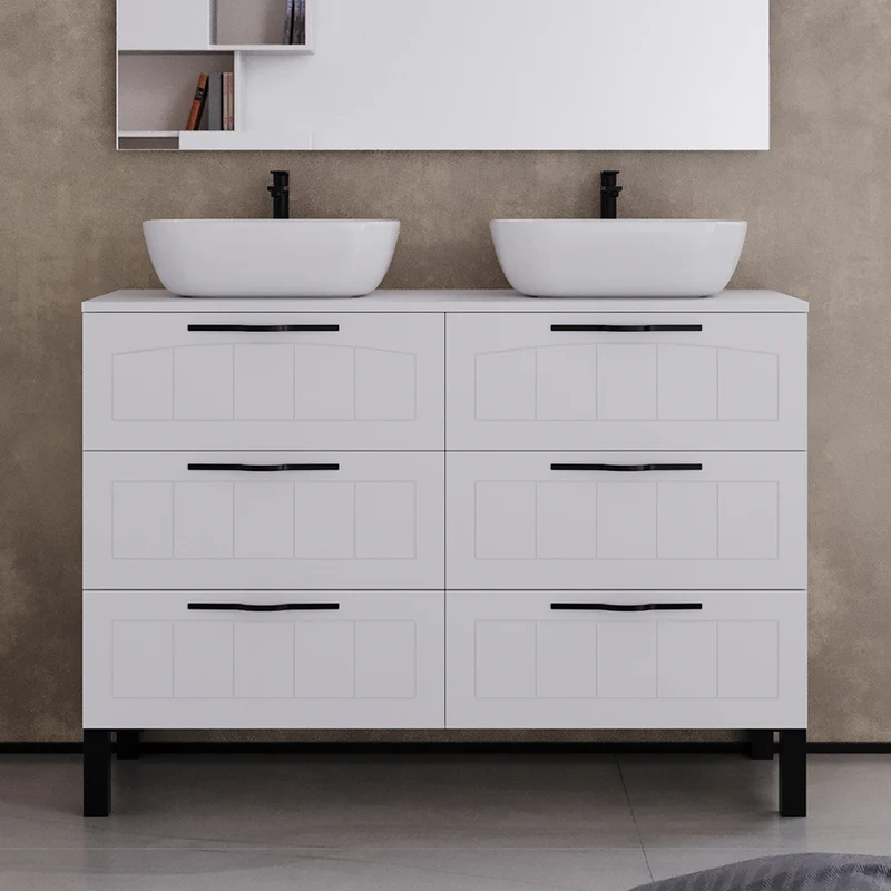 Meuble de salle de bain 120cm avec plateau et deux vasques à poser ovales - sans miroir - 6 tiroirs - CALA