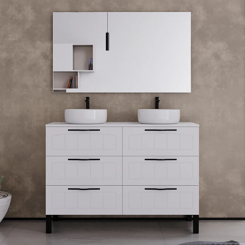 Meuble de salle de bain 120cm avec plateau et deux vasques à poser rondes - 6 tiroirs - CALA