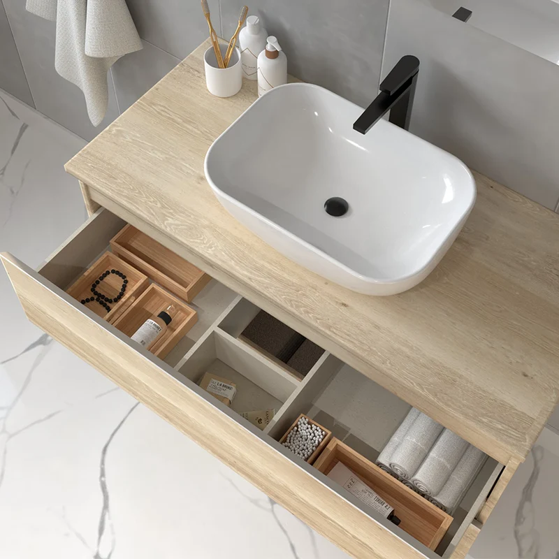 Meuble de salle de bain 100cm avec vasque à poser arrondie - 2 tiroirs - BALEA