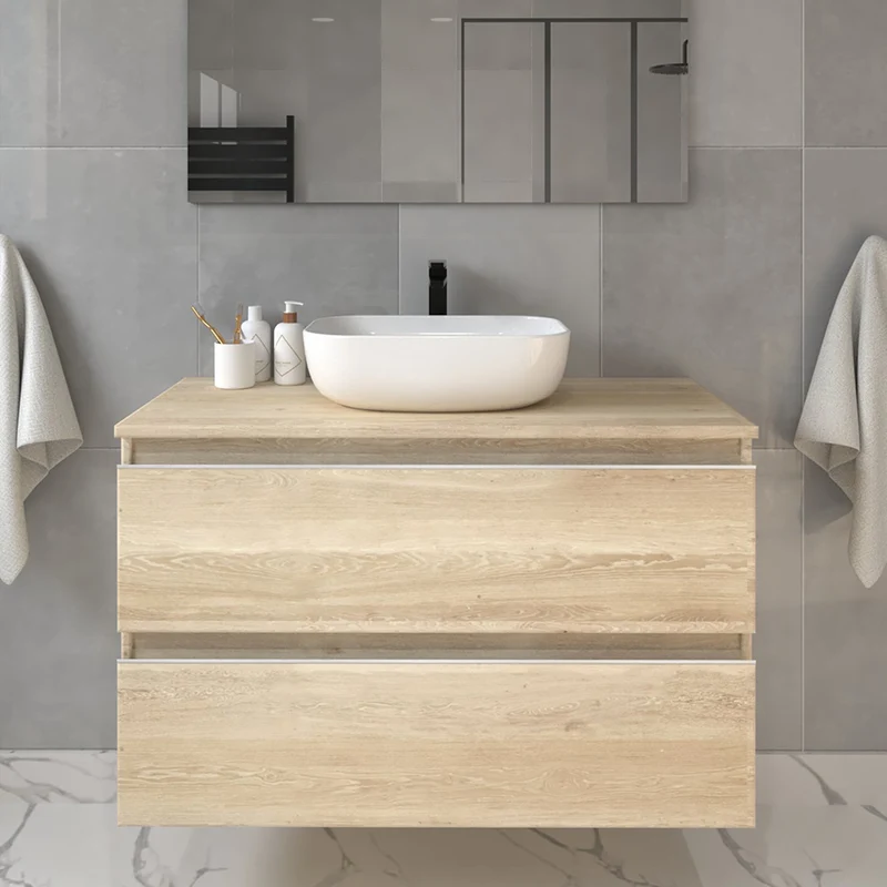 Meuble de salle de bain 100cm avec vasque à poser arrondie - 2 tiroirs - sans miroir - BALEA