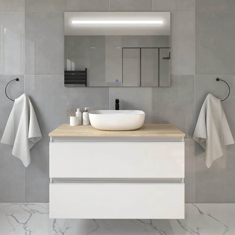Meuble de salle de bain 70cm avec vasque à poser arrondie - 2 tiroirs - BALEA et miroir Led STAM