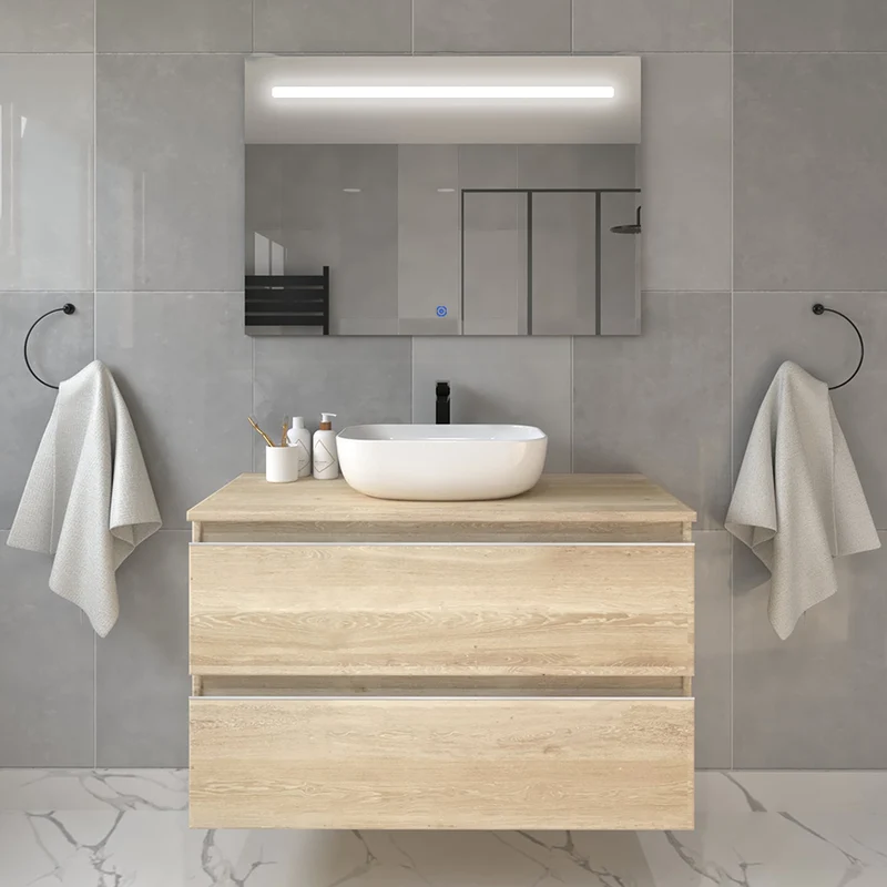 Meuble de salle de bain 100cm avec vasque à poser arrondie - 2 tiroirs - BALEA et miroir Led STAM