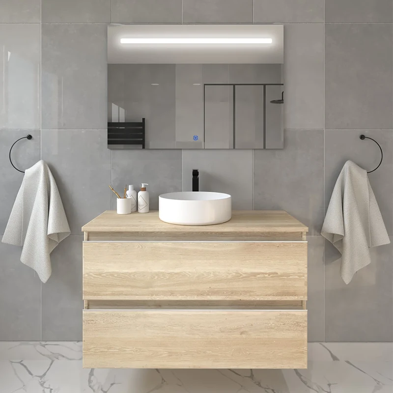 Meuble de salle de bain 70cm avec vasque à poser ronde - 2 tiroirs - BALEA et miroir Led STAM