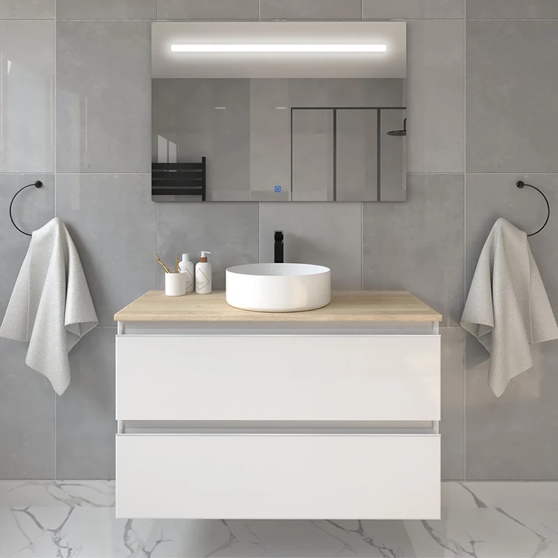 Meuble de salle de bain 100cm avec vasque à poser ronde - 2 tiroirs - BALEA et miroir Led STAM
