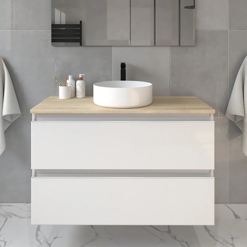 Meuble de salle de bain 100cm avec vasque à poser ronde - 2 tiroirs - sans miroir - BALEA