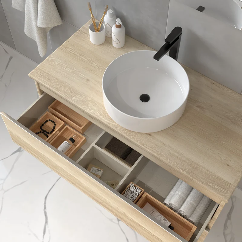 Meuble de salle de bain 100cm avec vasque à poser ronde - 2 tiroirs - BALEA