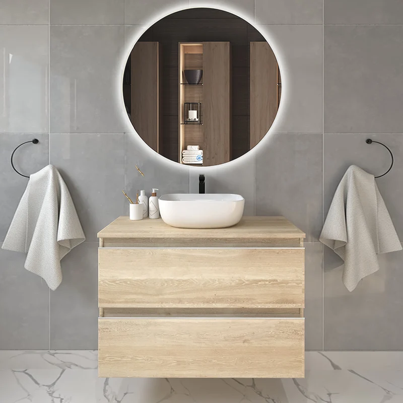 Meuble de salle de bain 70cm avec vasque à poser arrondie - 2 tiroirs - BALEA et miroir rond Led SOLEN
