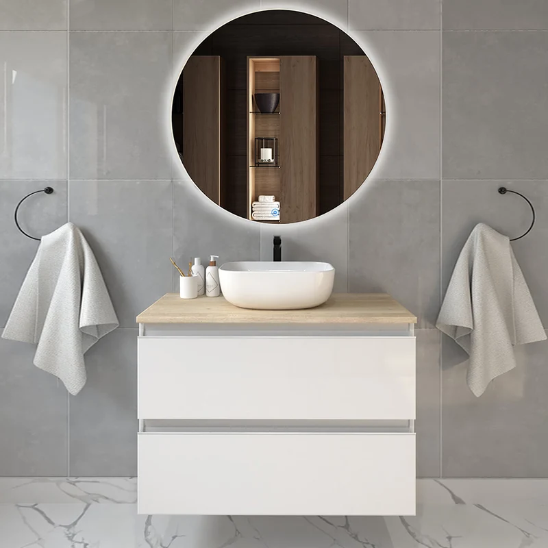 Meuble de salle de bain 70cm avec vasque à poser arrondie - 2 tiroirs - BALEA et miroir rond Led SOLEN