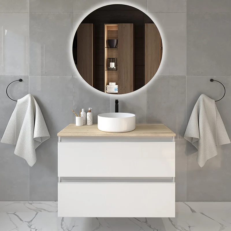 Meuble de salle de bain 70cm avec vasque à poser ronde - 2 tiroirs - BALEA et miroir rond Led SOLEN