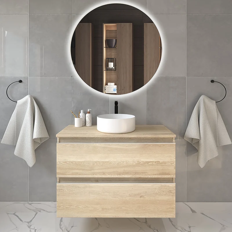 Meuble de salle de bain 80cm avec vasque à poser ronde - 2 tiroirs - BALEA et miroir rond Led SOLEN