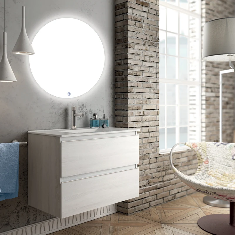 Meuble de salle de bain 80cm simple vasque - 2 tiroirs - BALEA et miroir rond Led SOLEN
