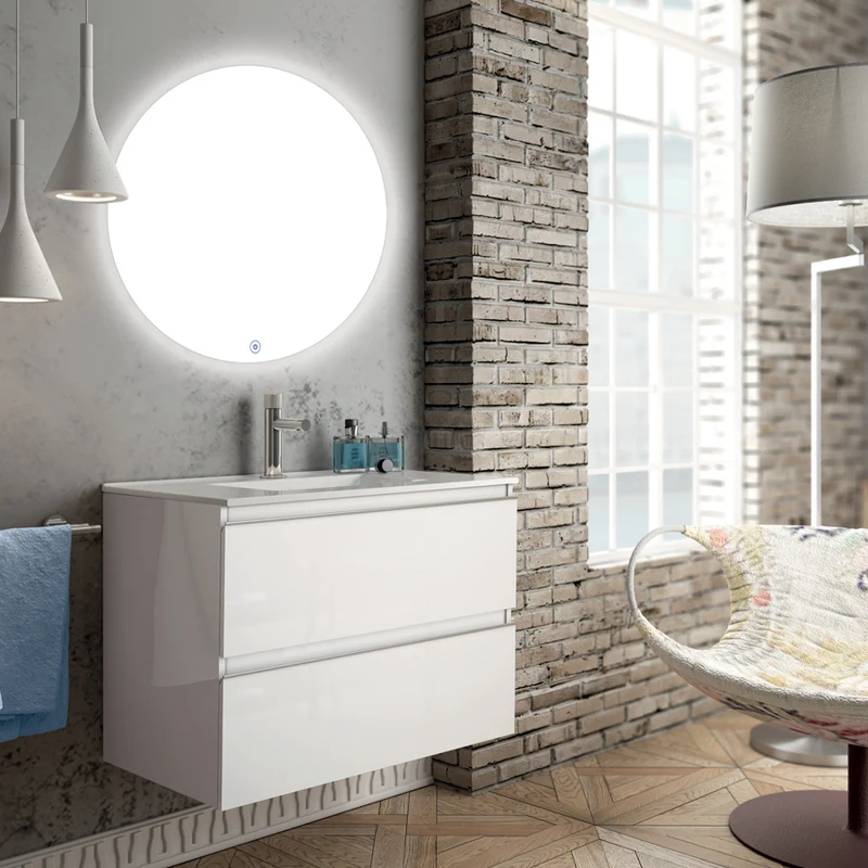 Meuble de salle de bain 80cm simple vasque - 2 tiroirs - BALEA et miroir rond Led SOLEN