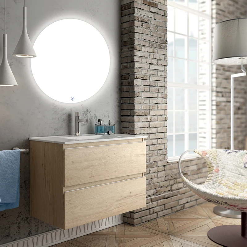 Meuble de salle de bain 80cm simple vasque - 2 tiroirs - BALEA et miroir rond Led SOLEN