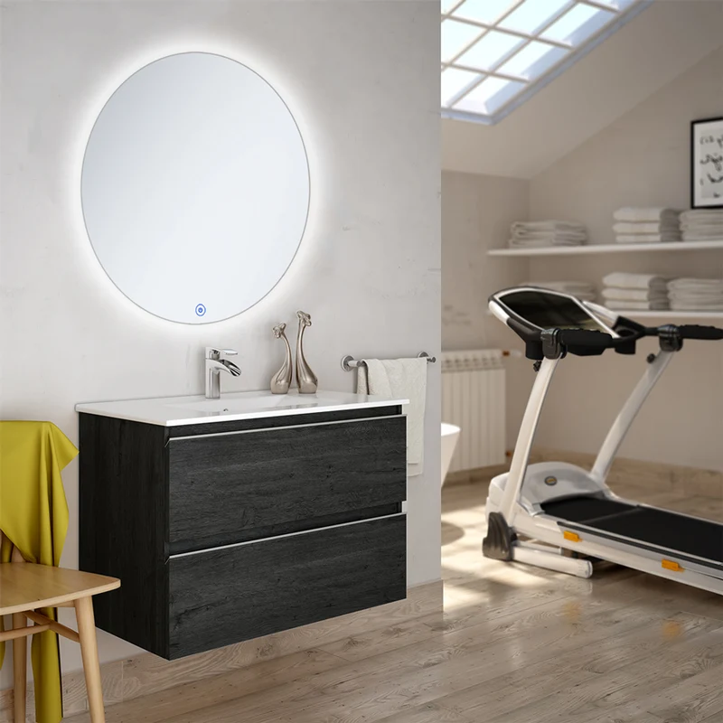 Meuble de salle de bain 60cm simple vasque - 2 tiroirs - BALEA et miroir rond Led SOLEN