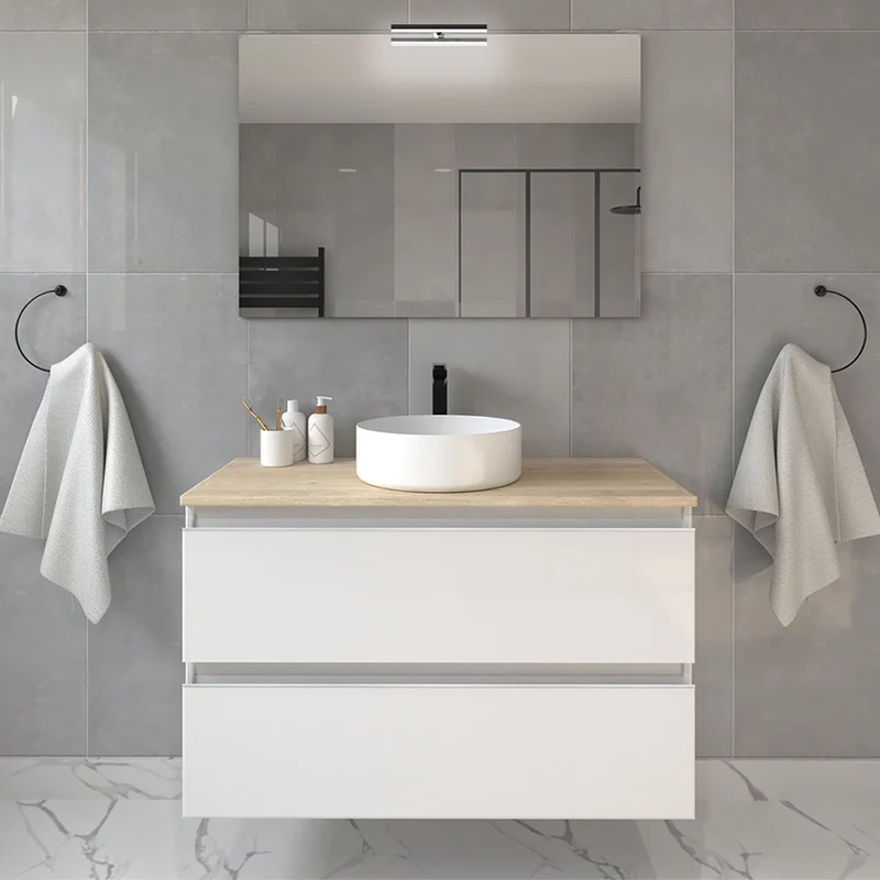 Meuble de salle de bain 80cm avec vasque à poser ronde - 2 tiroirs et miroir avec applique BALEA