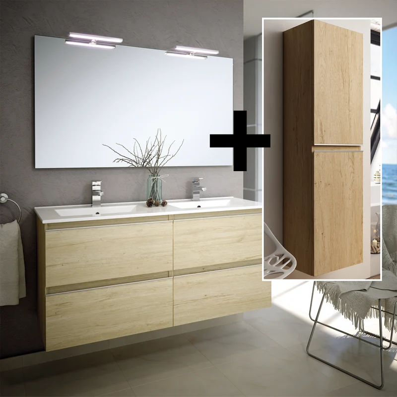 Ensemble meuble de salle de bain 140cm double vasque + colonne de rangement - BALEA