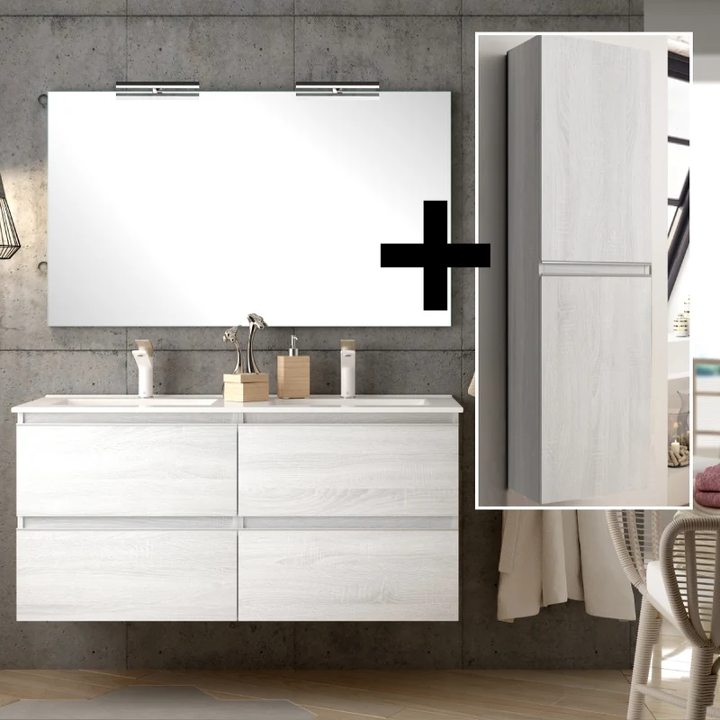 Ensemble meuble de salle de bain 140cm double vasque + colonne de rangement - BALEA