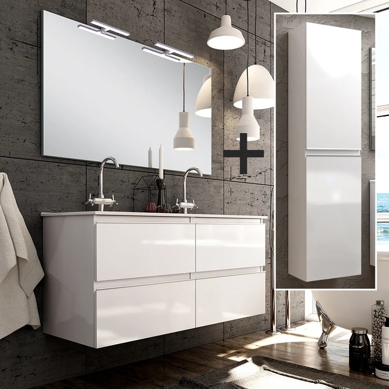 Ensemble meuble de salle de bain 140cm double vasque + colonne de rangement - BALEA