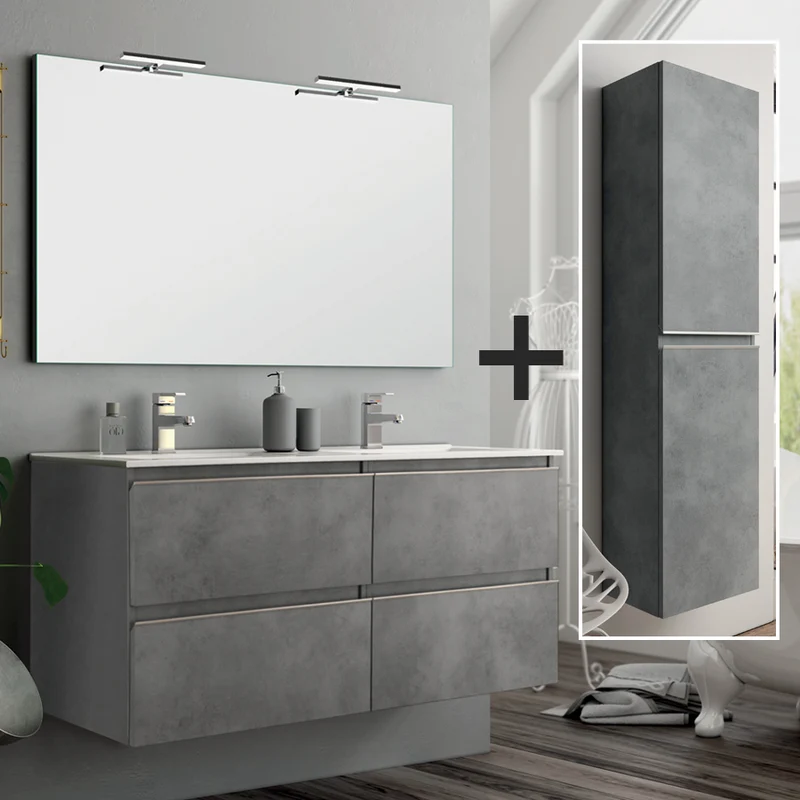 Ensemble meuble de salle de bain 140cm double vasque + colonne de rangement - BALEA