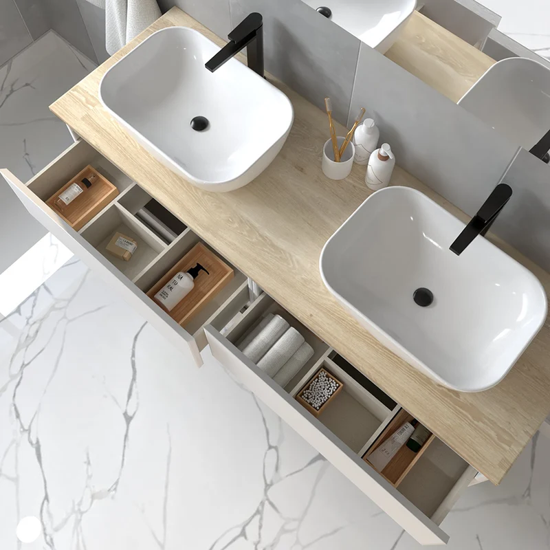 Meuble de salle de bain sans miroir avec vasques à poser arrondies BALEA - 120cm