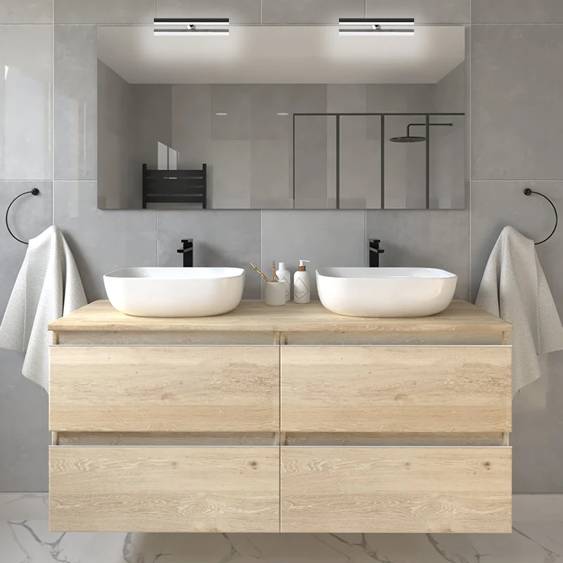 Meuble de salle de bain 120cm avec vasques à bords arrondies - 4 tiroirs - BALEA et miroir avec appliques