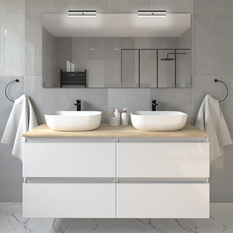 Meuble de salle de bain 120cm avec vasques à bords arrondies - 4 tiroirs - BALEA et miroir avec appliques