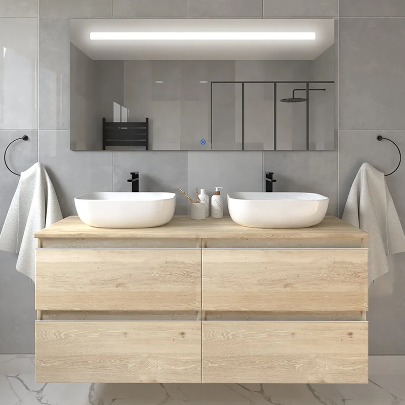 Meuble de salle de bain 120cm avec vasques à bords arrondies - 4 tiroirs - BALEA et miroir Led STAM