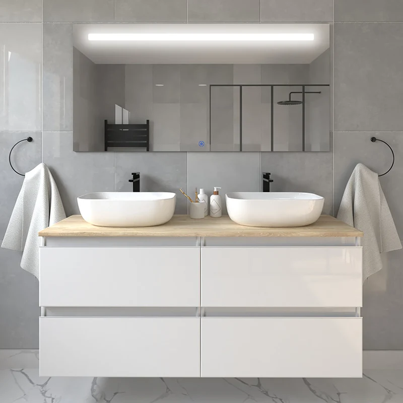 Meuble de salle de bain 120cm avec vasques à bords arrondies - 4 tiroirs - BALEA et miroir Led STAM