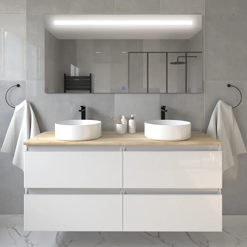 Meuble de salle de bain avec vasques rondes - 4 tiroirs - BALEA et miroir Led STAM - 120cm