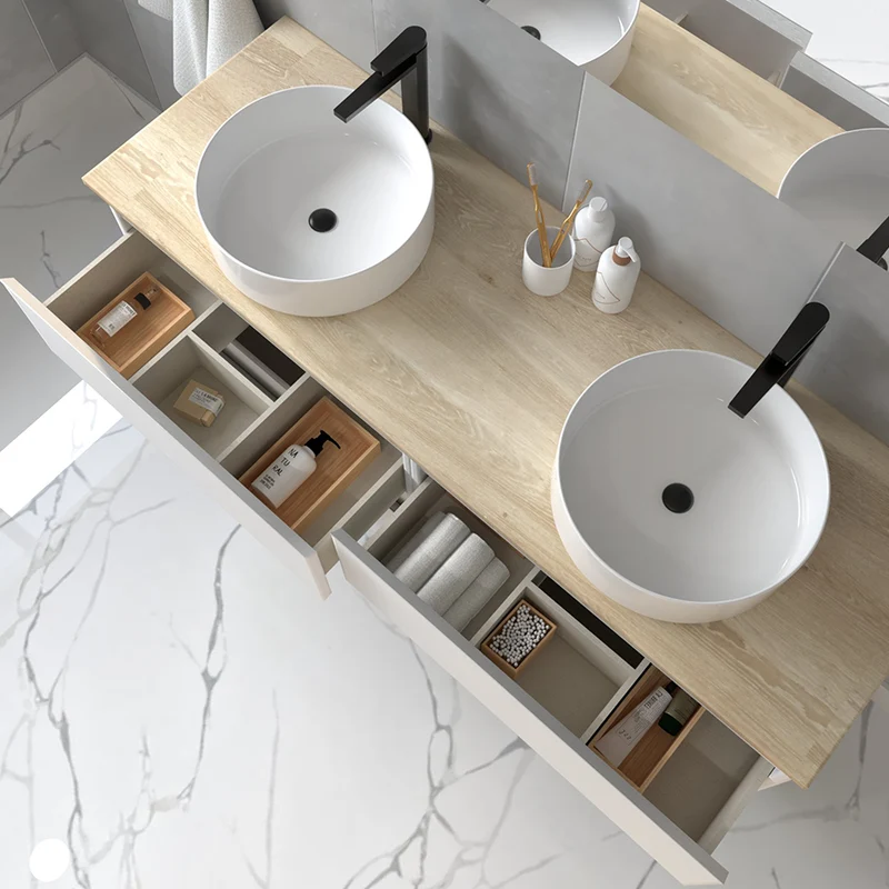 Meuble de salle de bain 120cm avec vasques rondes - 4 tiroirs - sans miroir - BALEA