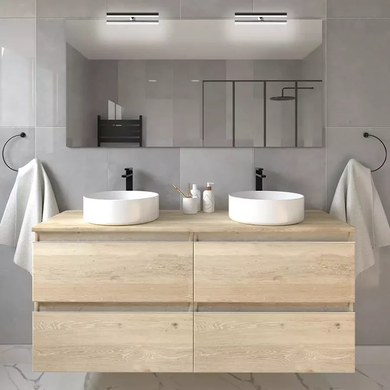 Meuble de salle de bain 120cm avec vasques rondes - 4 tiroirs - BALEA et miroir avec appliques