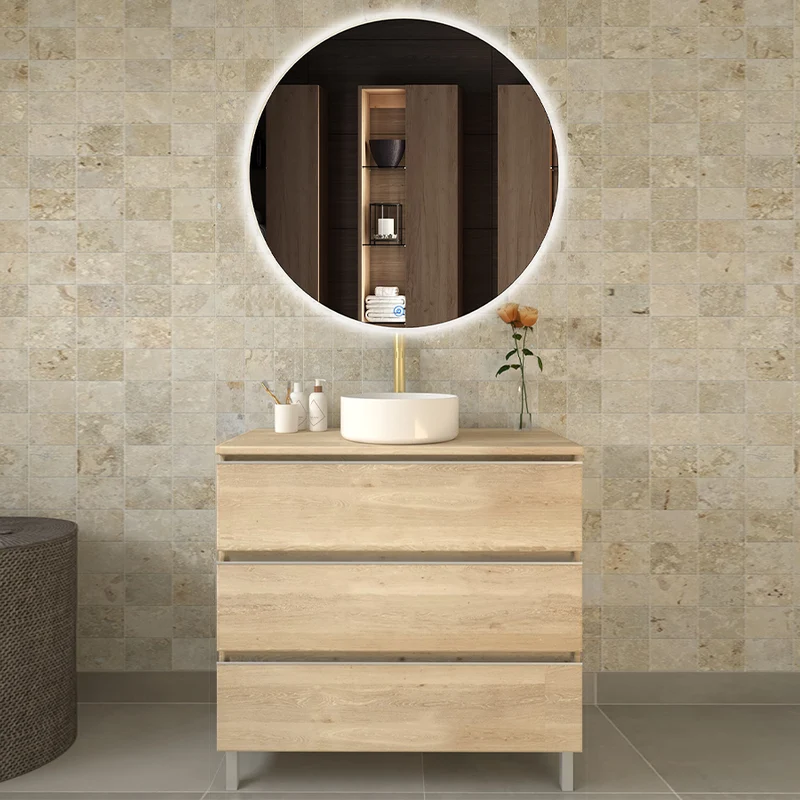 Meuble de salle de bain 80cm avec vasque à poser ronde - 3 tiroirs - PALMA et miroir Led SOLEN